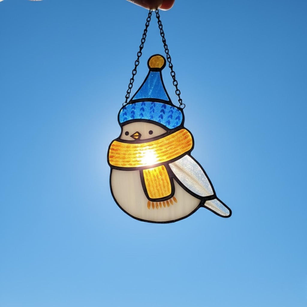 Hands holding yellow bird stained glass suncatcher – unique handmade gift idea for her or him.