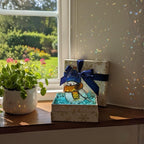 Handmade glass bird ornaments reflecting sunlight – colorful suncatcher for window decor.