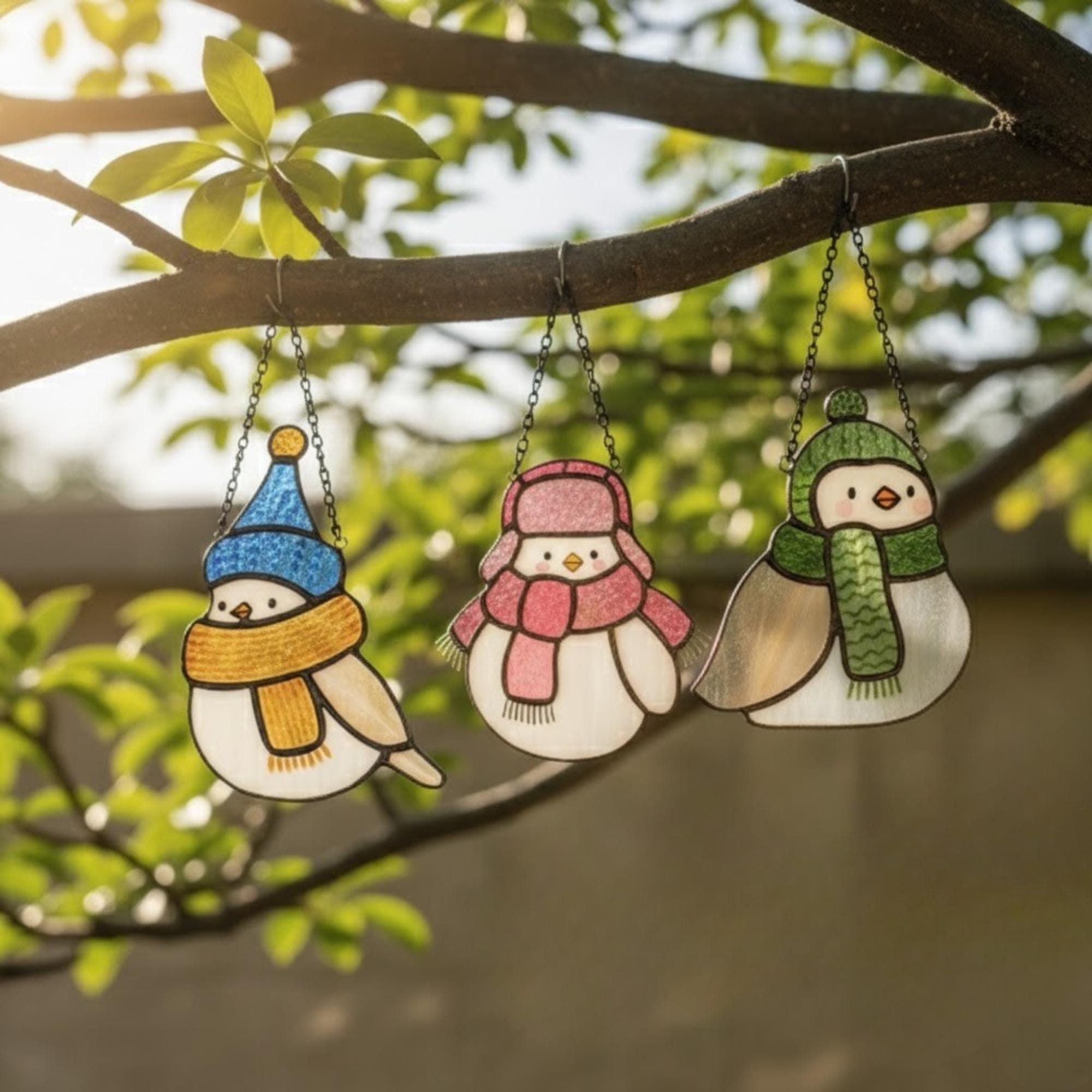 Three colorful bird stained glass ornaments hanging outdoors – unique handmade Christmas gift idea.