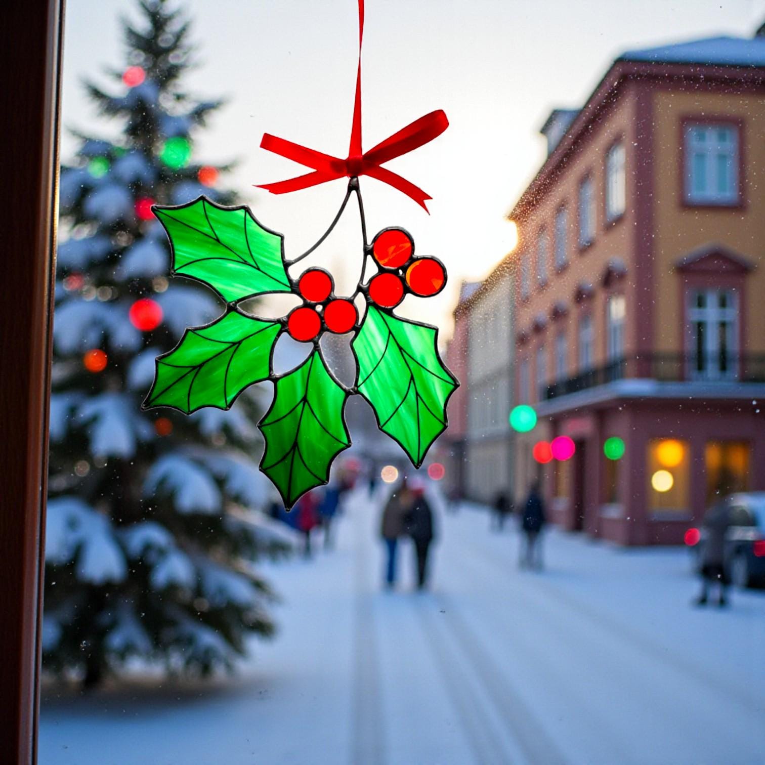 Handmade glass Christmas ornament with ribbon – beautiful green leaves and red berries suncatcher.