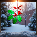 Holiday decor window ornament – red berries and green glass leaves for festive home style.