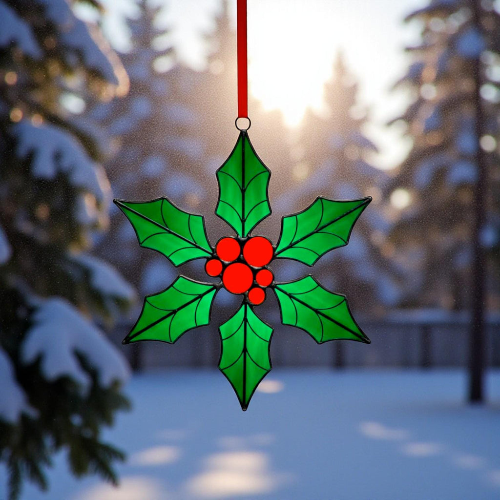 Glass Christmas ornament hanging with red ribbon – handmade stained glass winter decoration.