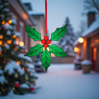 Holly leaf suncatcher with ribbon – unique glass art piece for winter decoration.