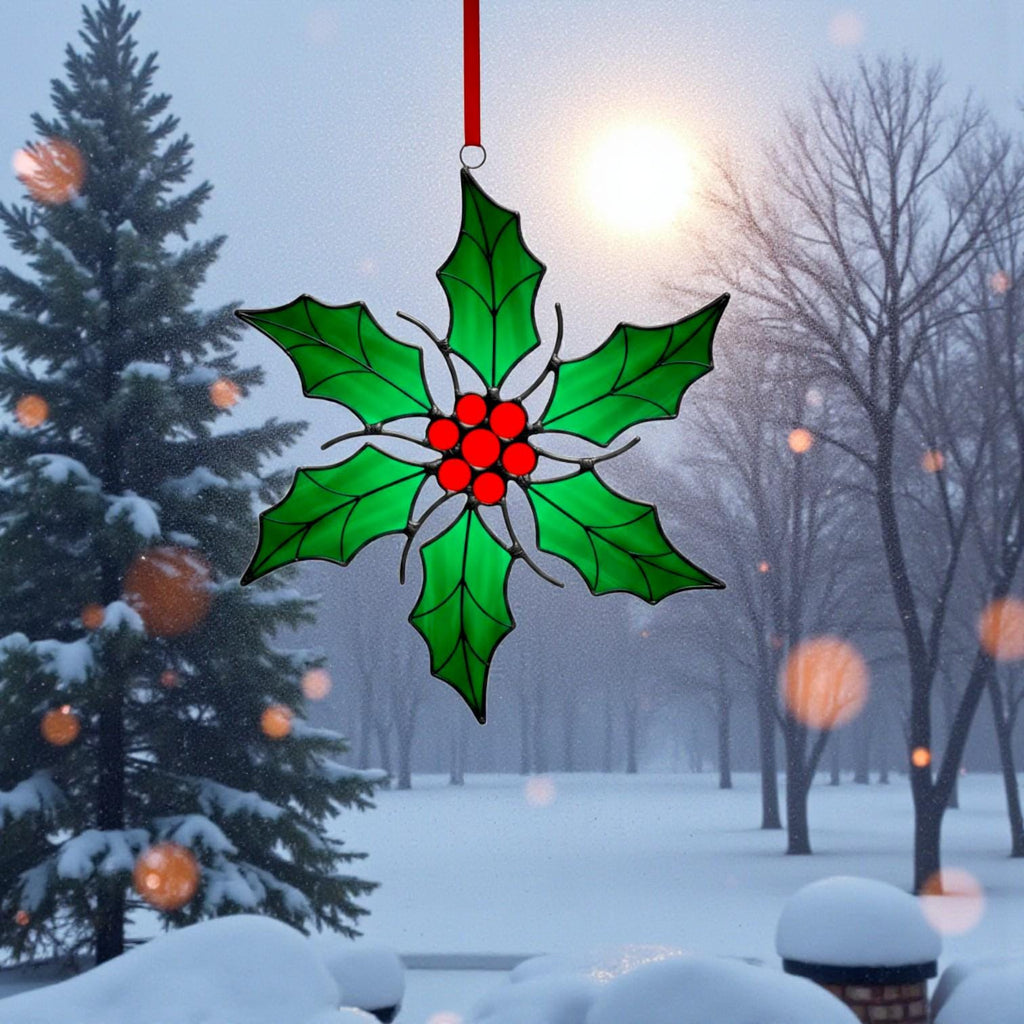 Winter snow background with stained glass ornament – cozy handmade holiday home decoration.