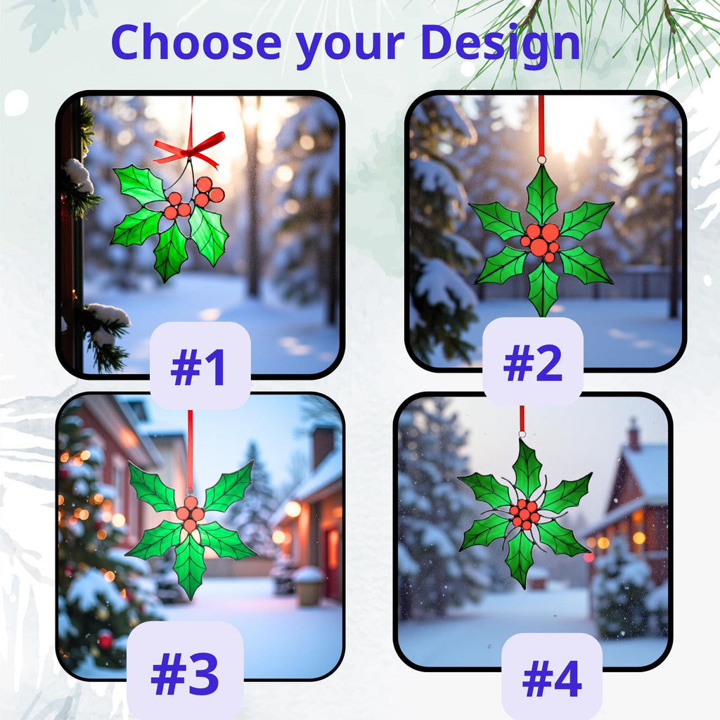 Festive stained glass ornament with red berries – handmade Christmas suncatcher gift.