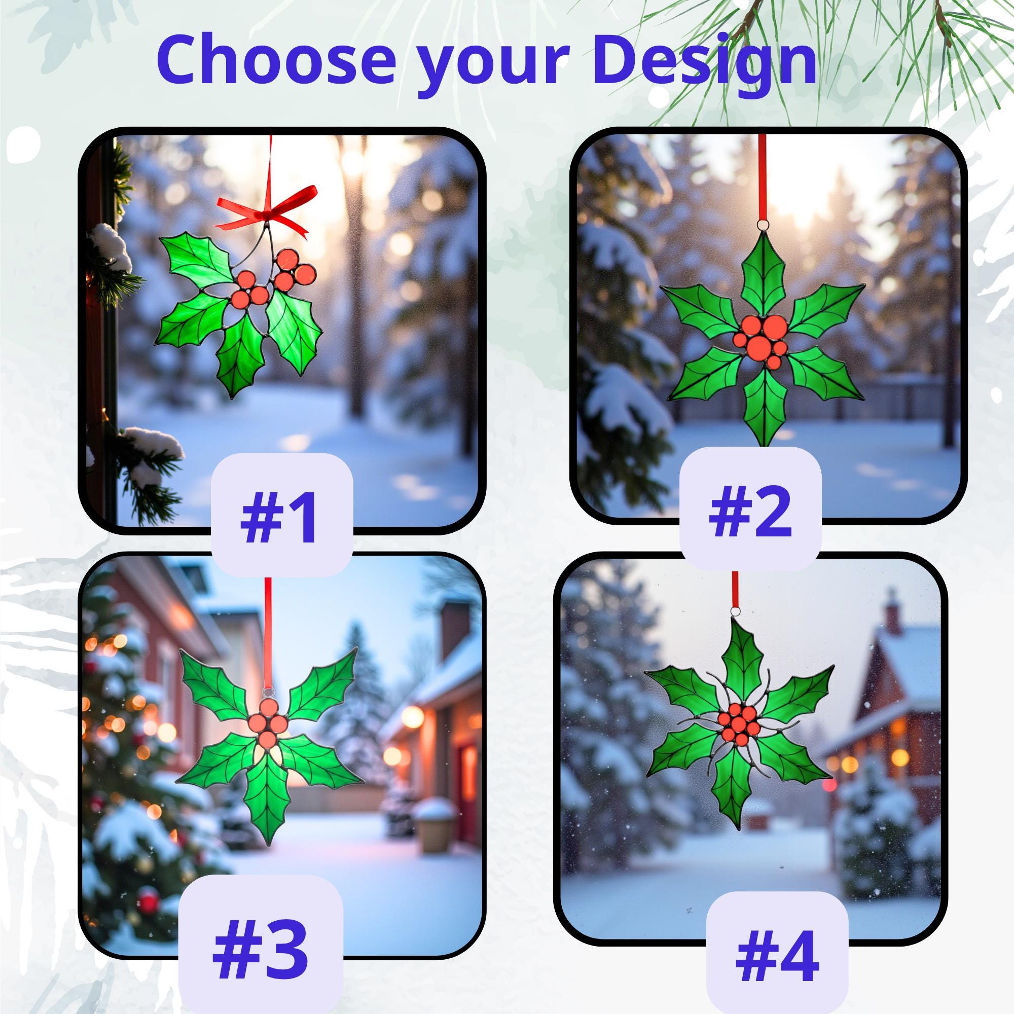 Festive stained glass ornament with red berries – handmade Christmas suncatcher gift.