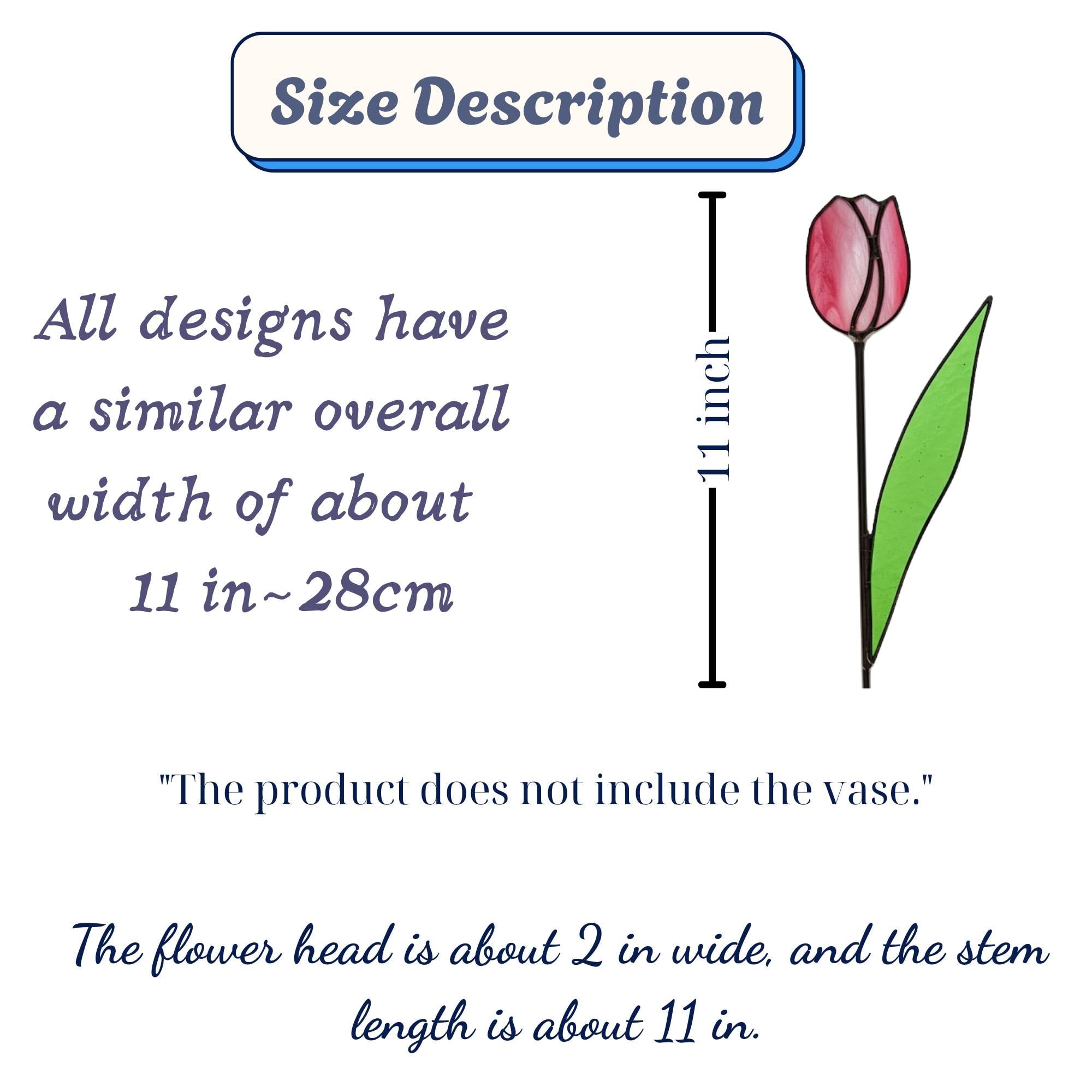 Size description chart for stained glass tulip flower decor – handmade home gift information.