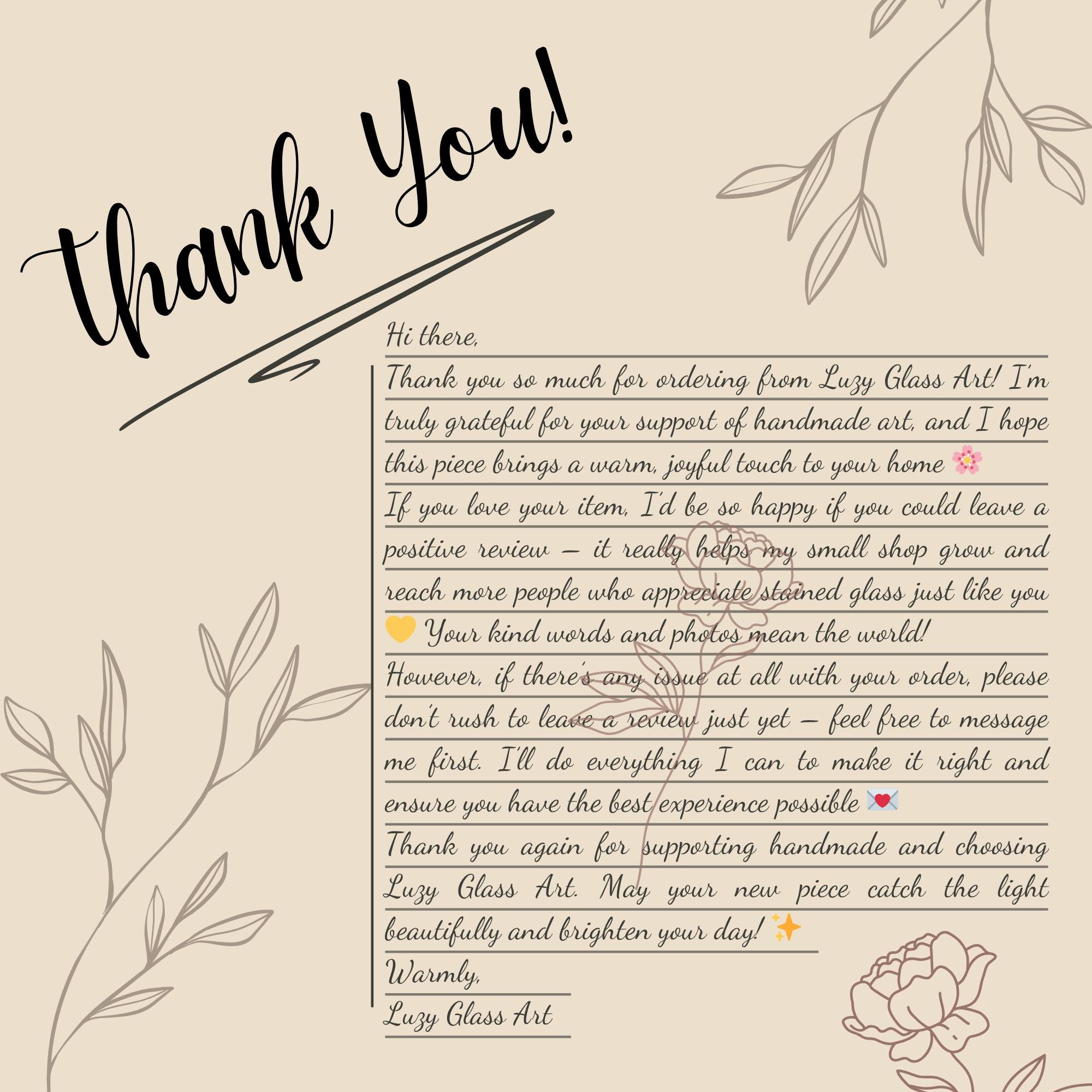 Thank-you note and packaging card included with handmade stained glass tulip order – ready gift box.