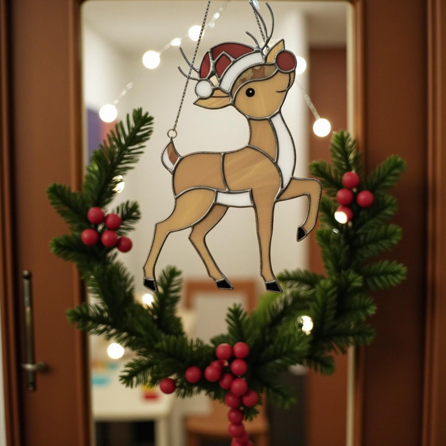 Rudolph Stained Glass Suncatcher Christmas Window Decor, Custom Reindeer Ornament Gift for Mom, Unique Holiday Wall Hanging Art,Personalized