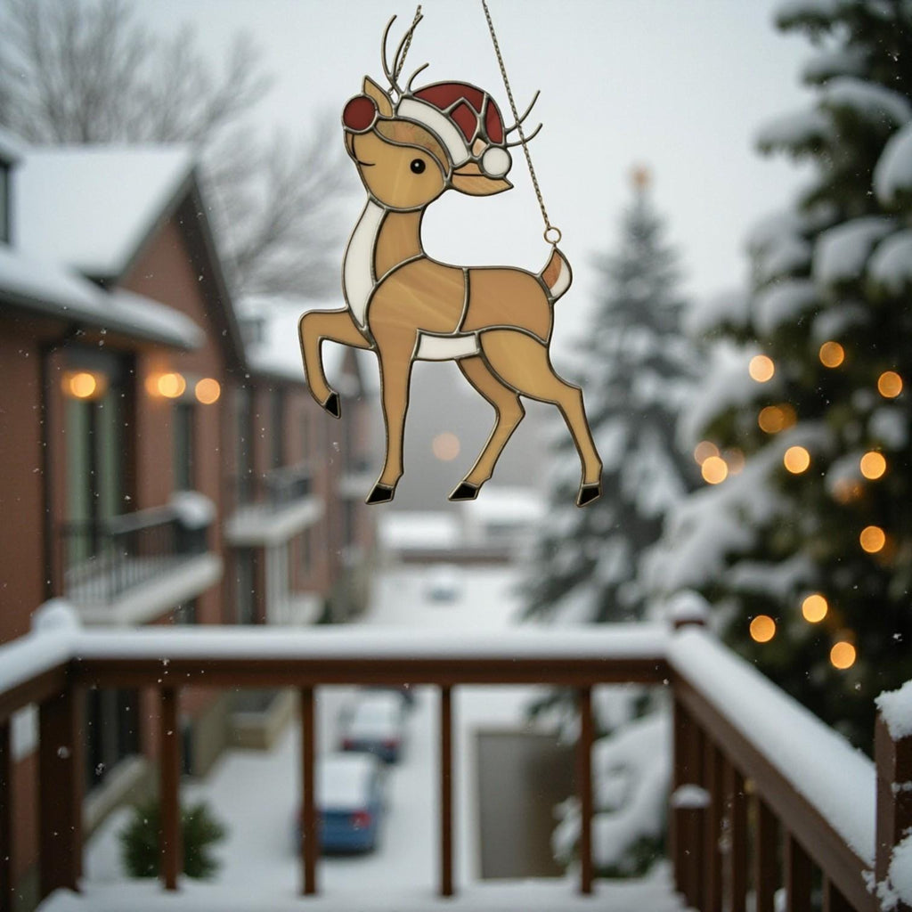 Rudolph Stained Glass Suncatcher Christmas Window Decor, Custom Reindeer Ornament Gift for Mom, Unique Holiday Wall Hanging Art,Personalized