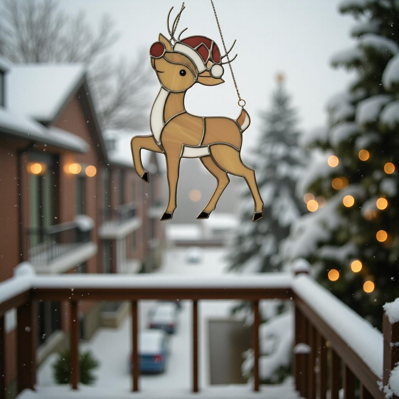 Rudolph Stained Glass Suncatcher Christmas Window Decor, Custom Reindeer Ornament Gift for Mom, Unique Holiday Wall Hanging Art,Personalized