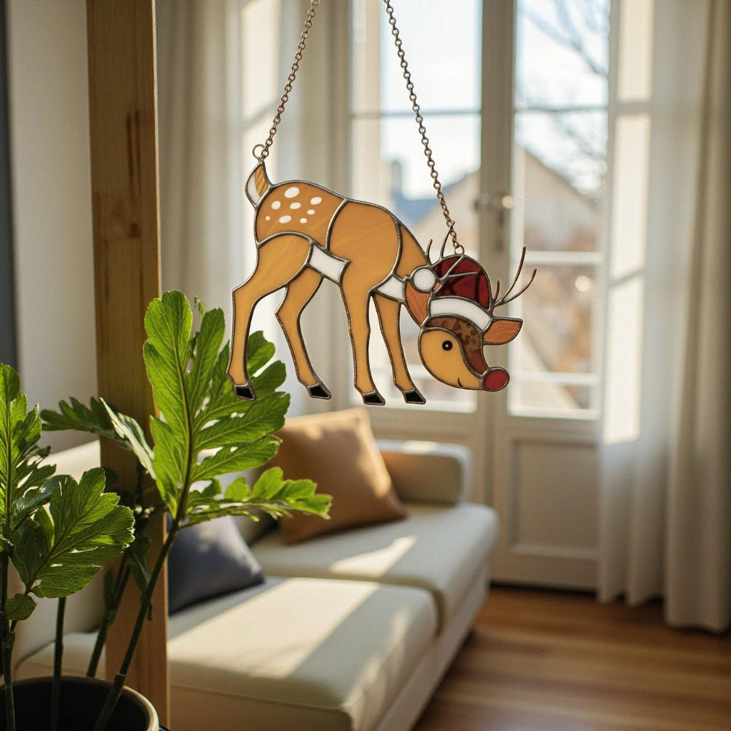 Rudolph Stained Glass Suncatcher Christmas Window Decor, Custom Reindeer Ornament Gift for Mom, Unique Holiday Wall Hanging Art,Personalized