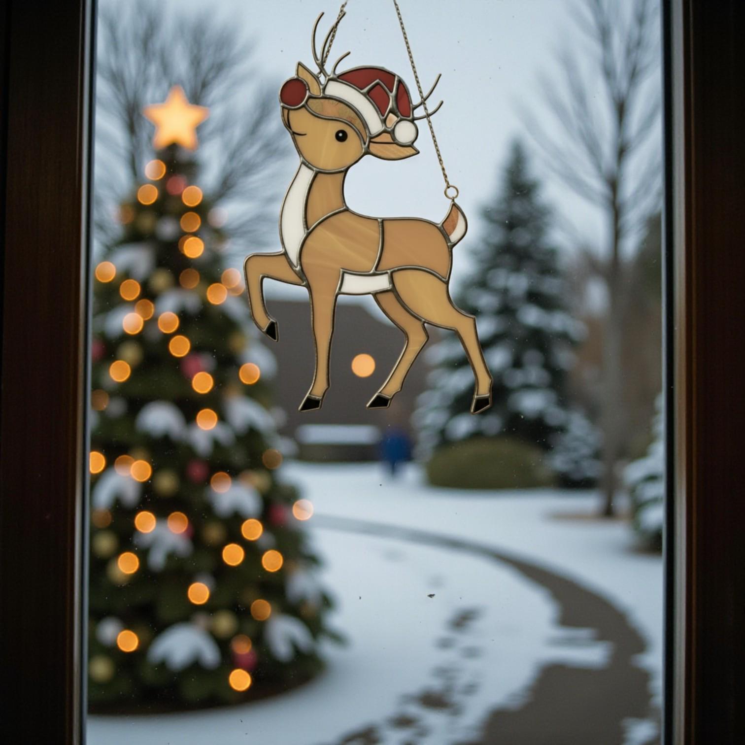 Rudolph Stained Glass Suncatcher Christmas Window Decor, Custom Reindeer Ornament Gift for Mom, Unique Holiday Wall Hanging Art,Personalized