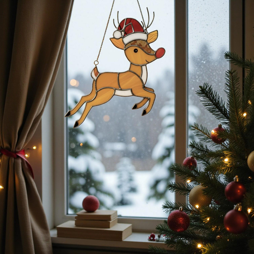 Rudolph Stained Glass Suncatcher Christmas Window Decor, Custom Reindeer Ornament Gift for Mom, Unique Holiday Wall Hanging Art,Personalized