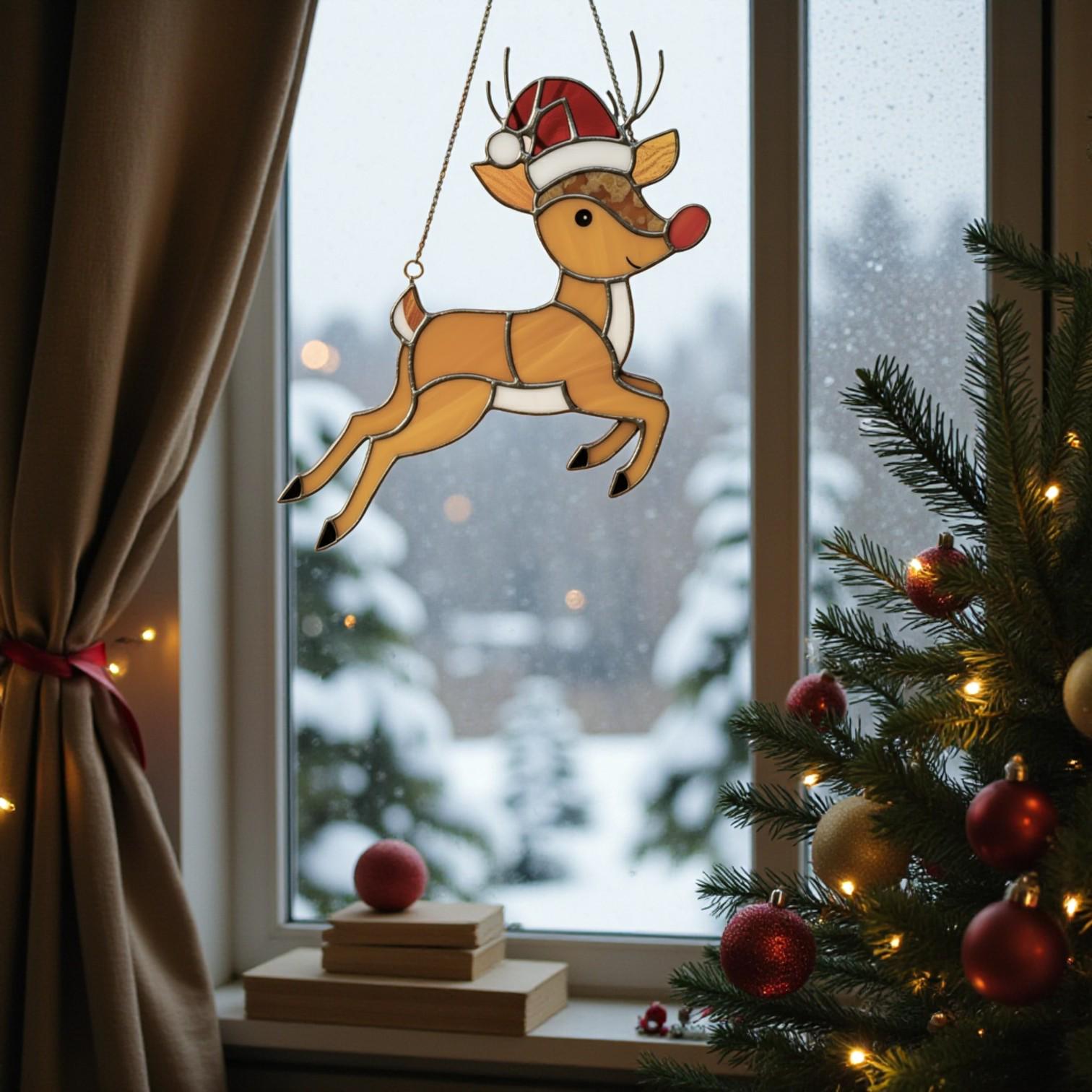 Rudolph Stained Glass Suncatcher Christmas Window Decor, Custom Reindeer Ornament Gift for Mom, Unique Holiday Wall Hanging Art,Personalized