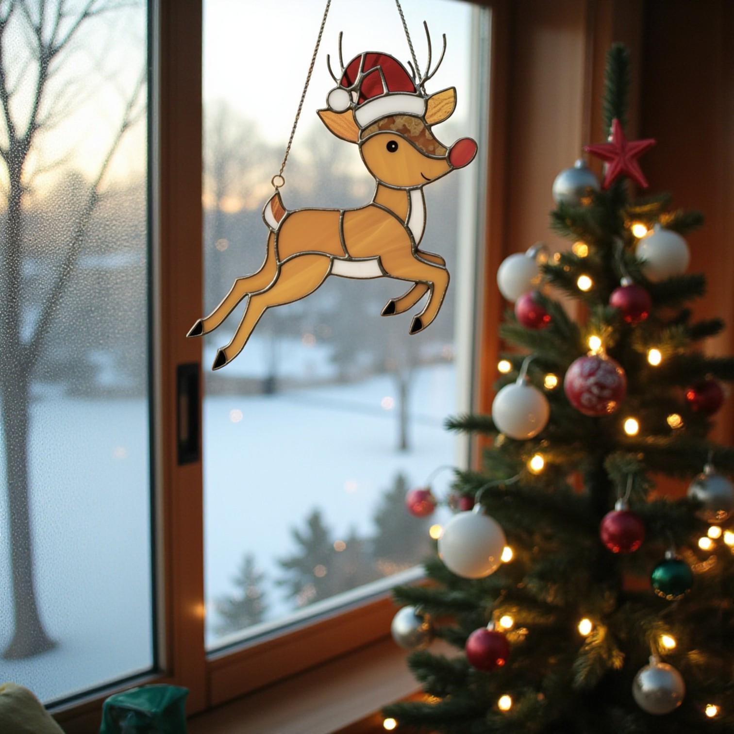 Rudolph Stained Glass Suncatcher Christmas Window Decor, Custom Reindeer Ornament Gift for Mom, Unique Holiday Wall Hanging Art,Personalized