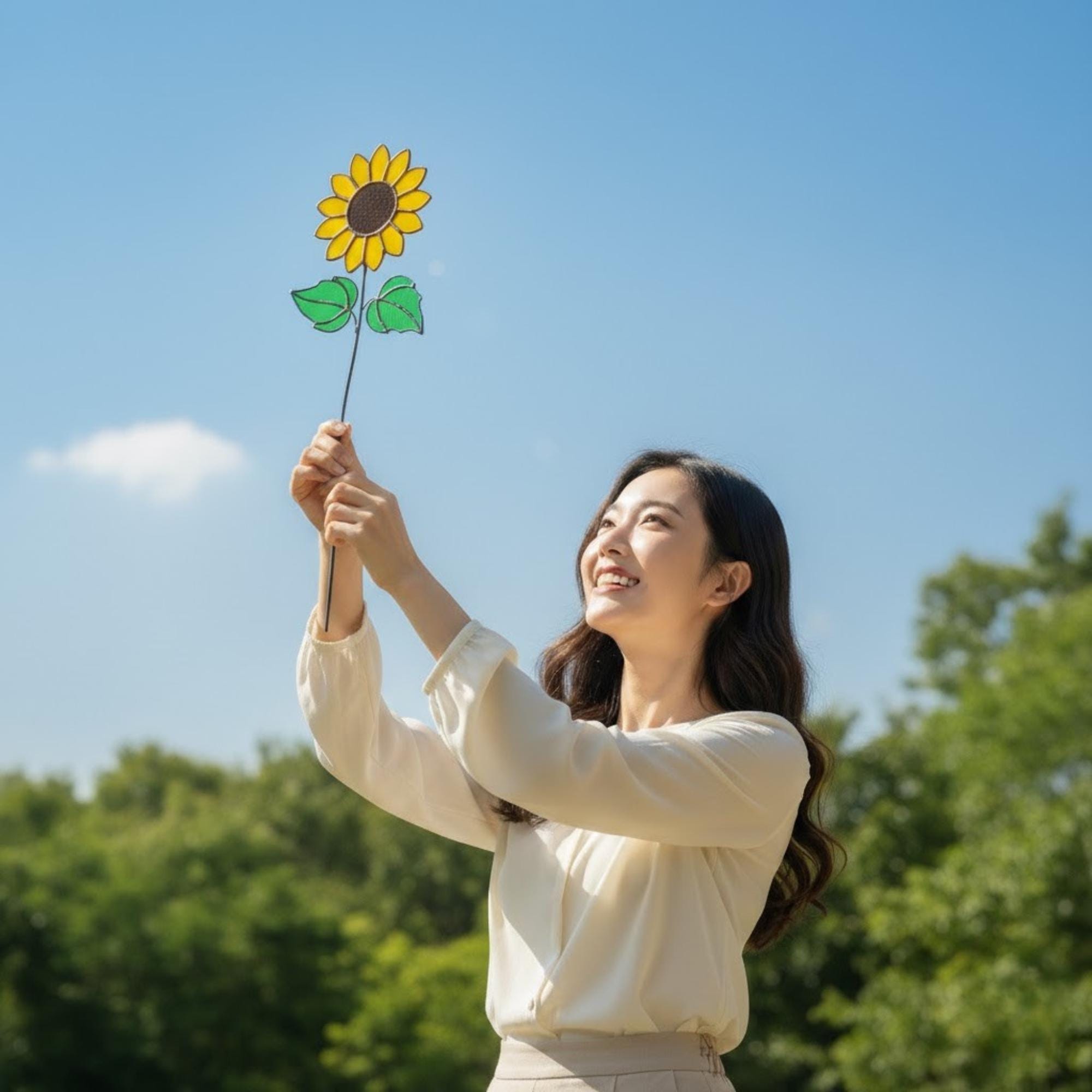 Woman holding a handmade stained glass sunflower outdoors under bright morning sun.