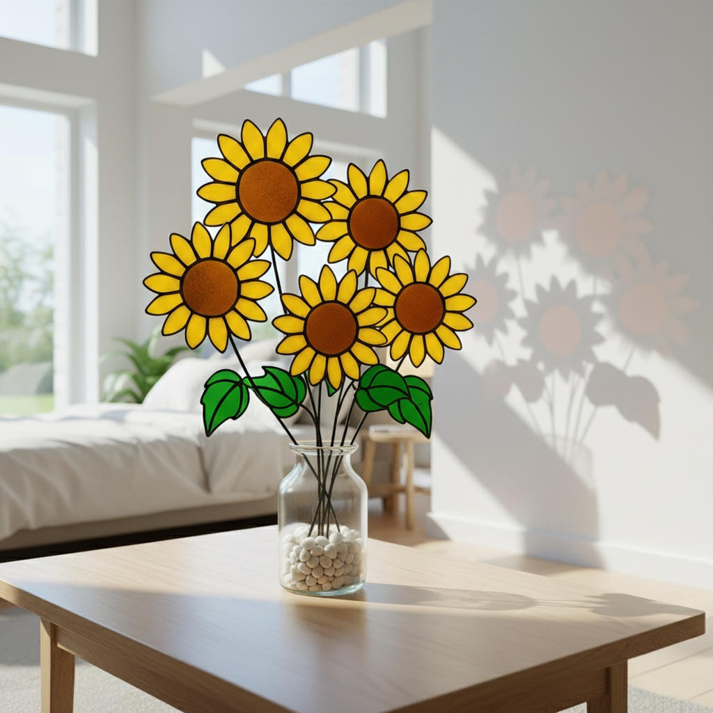 Bright stained glass sunflower bouquet shining by the window – handmade floral art.