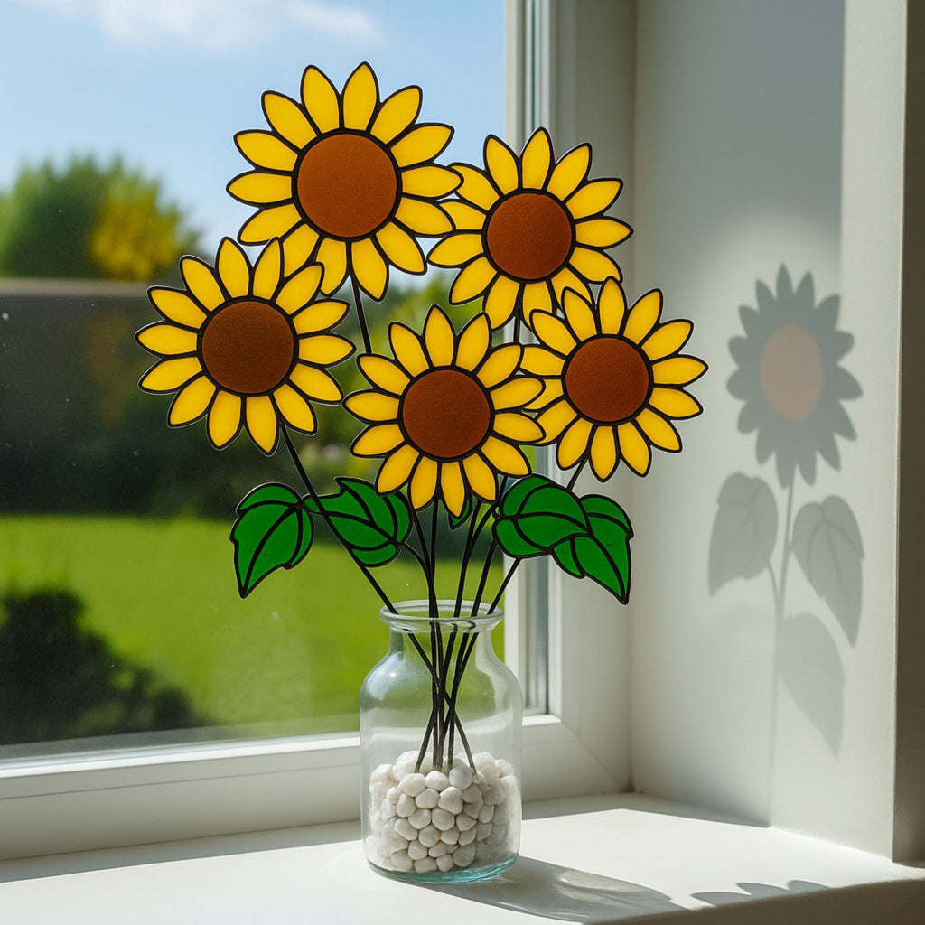 Product size chart for stained glass sunflower decor showing measurements and material.