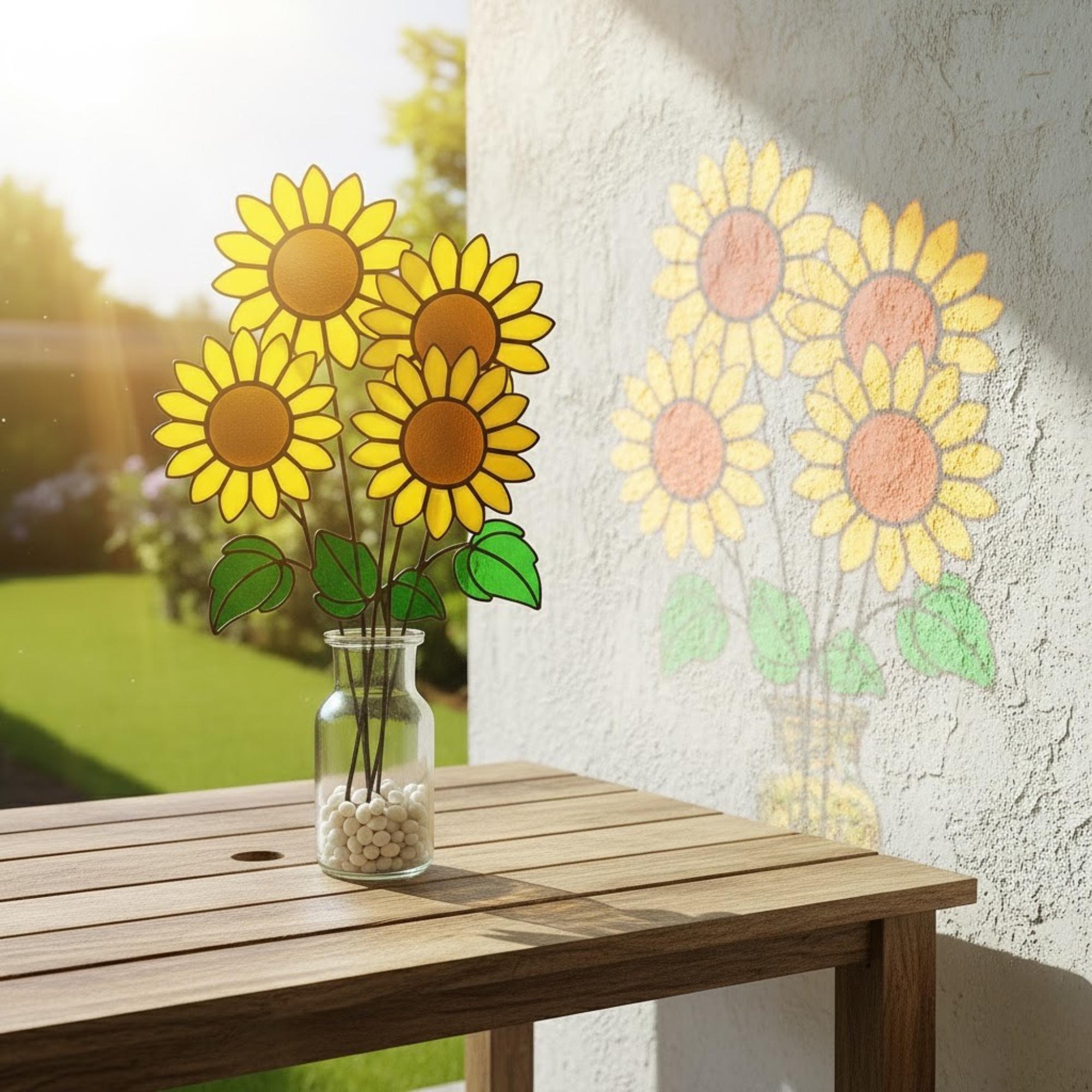 Close-up of stained glass sunflower with glowing yellow petals – handmade glass detail.