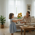 Family enjoying handmade stained glass sunflowers together – warm home decor vibe.