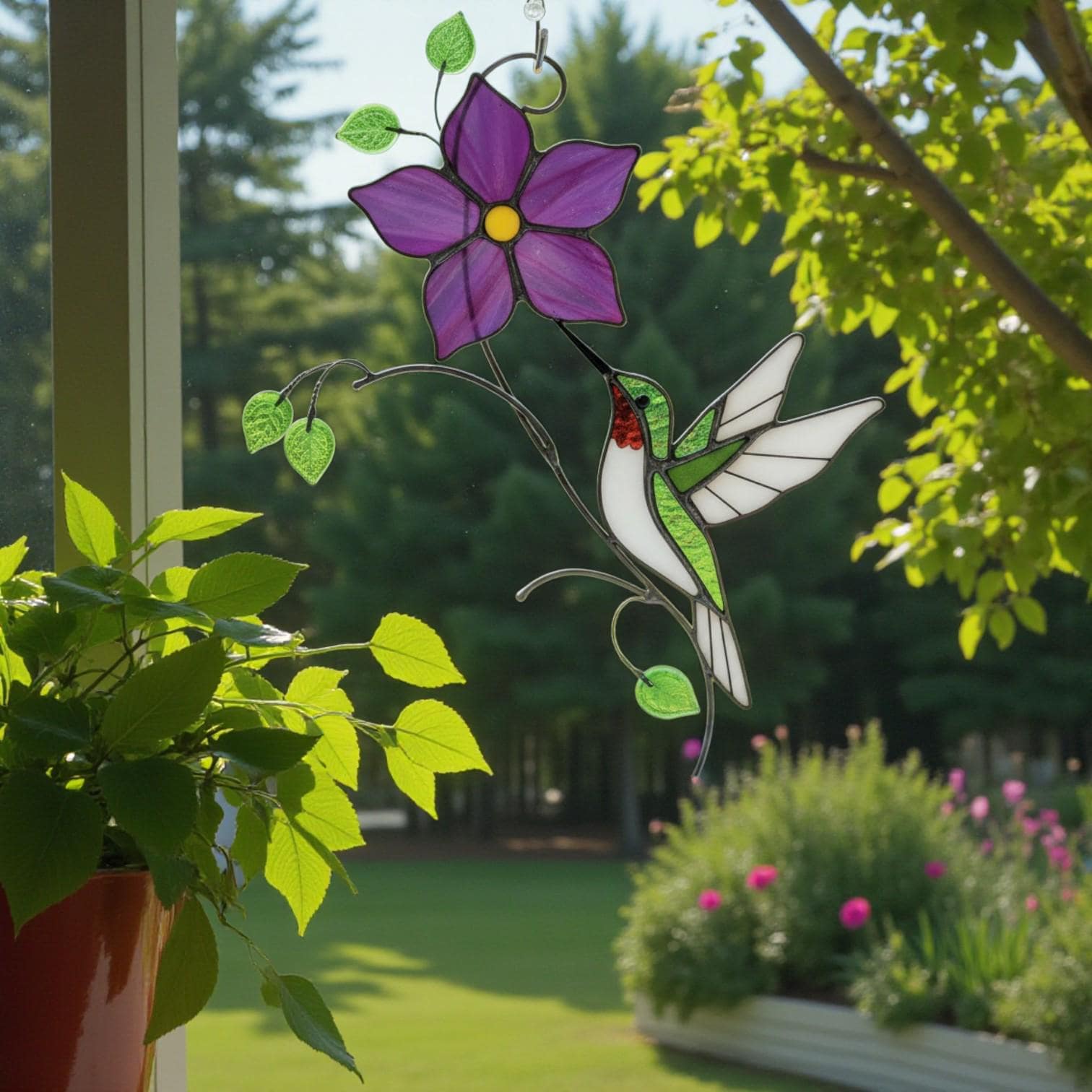 Hummingbird stained glass suncatcher, purple flower window hanging, beautiful handmade bird art for garden decor, unique gift.