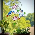 "Sunrise Joy" stained glass bird suncatcher, two yellow birds on branches, handmade unique window art, gift for birdwatchers.