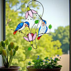 "Sunrise Joy" stained glass bird suncatcher, two yellow birds on branches, handmade unique window art, gift for birdwatchers.