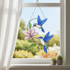 Stained glass hummingbird suncatcher, custom window hanging with blue birds, unique handmade gift for mom, vibrant bird art.