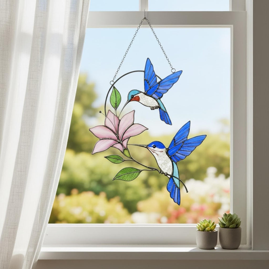 Stained glass hummingbird suncatcher, custom window hanging with blue birds, unique handmade gift for mom, vibrant bird art.