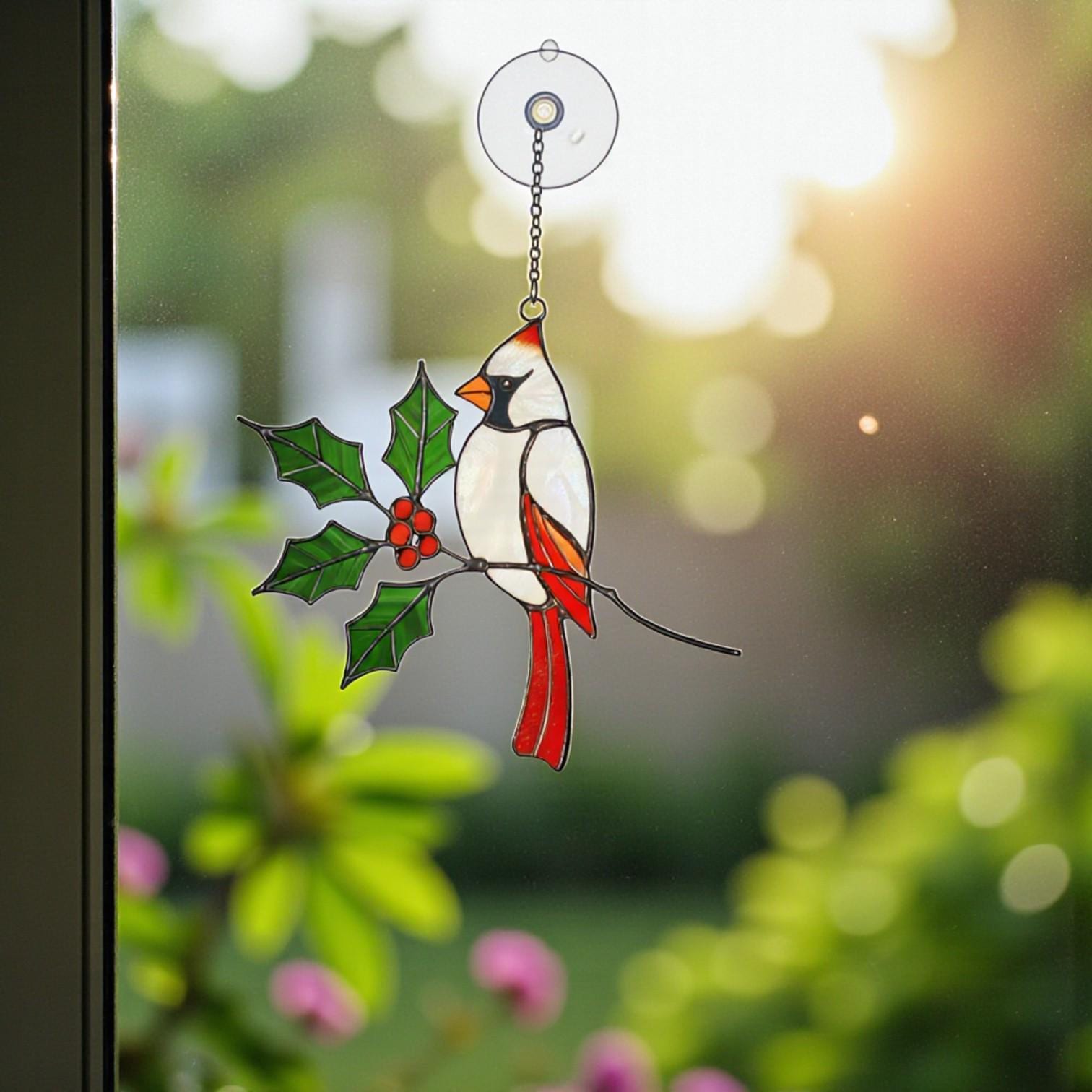 "Autumn Cardinal" stained glass suncatcher, red bird window hanging, handmade fall decor, unique gift for mom or grandma.