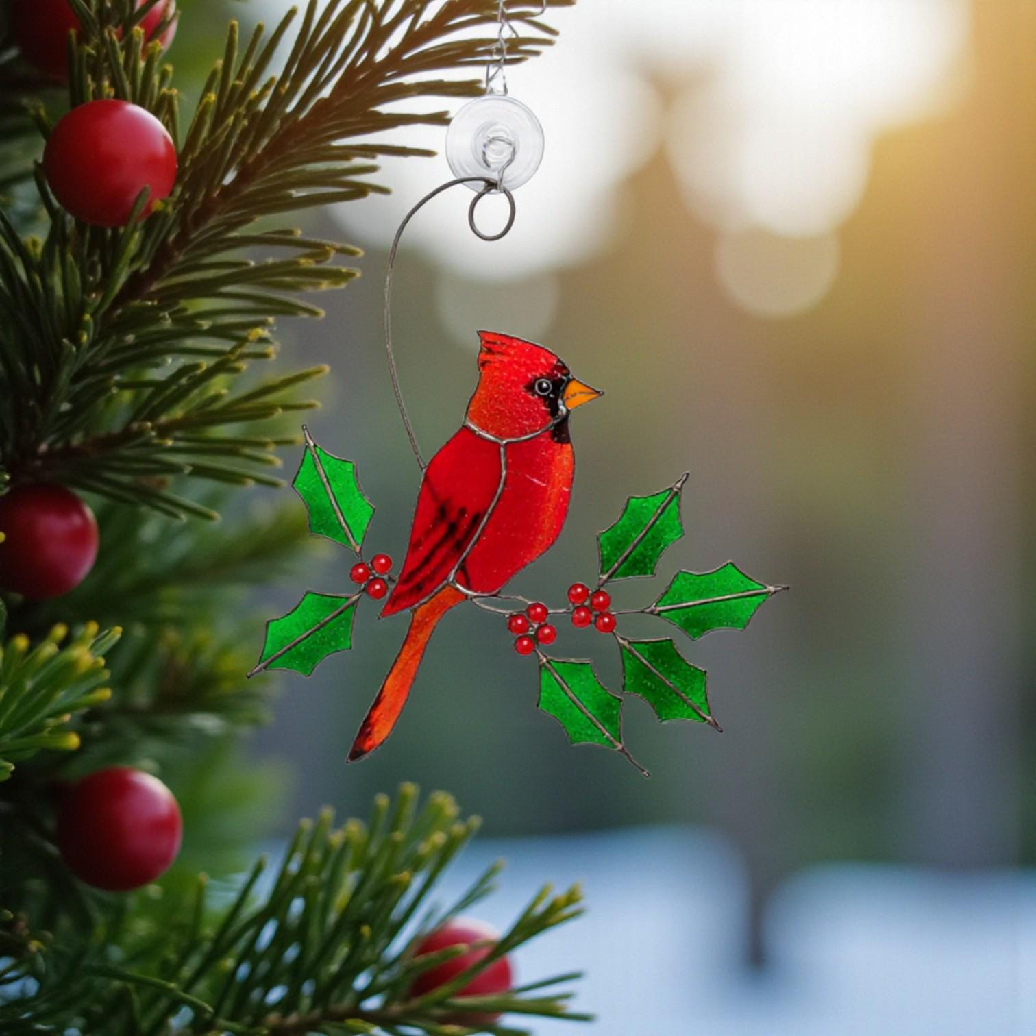 Stained glass cardinal suncatcher, red bird in winter with snow, handmade Christmas gift for him/her, unique winter decor.