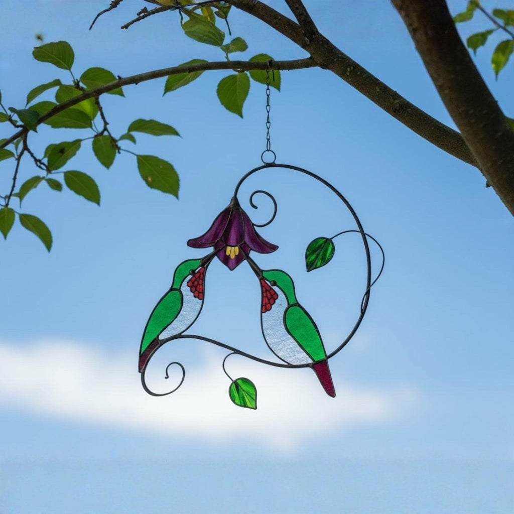 "Blue Serenade" stained glass bird suncatcher, two blue birds on flowers, handmade custom window decor, unique love gift for wife.