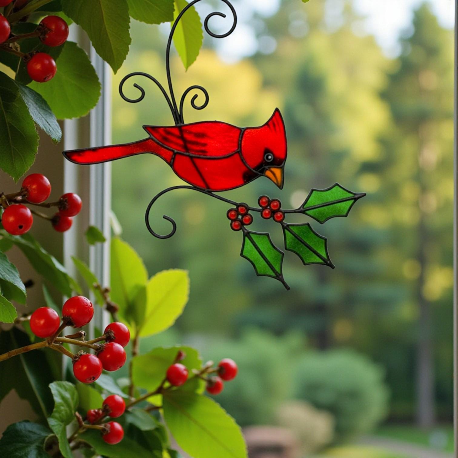 Close-up of vibrant red cardinal stained glass suncatcher, handmade Christmas tree ornament, unique bird art gift.