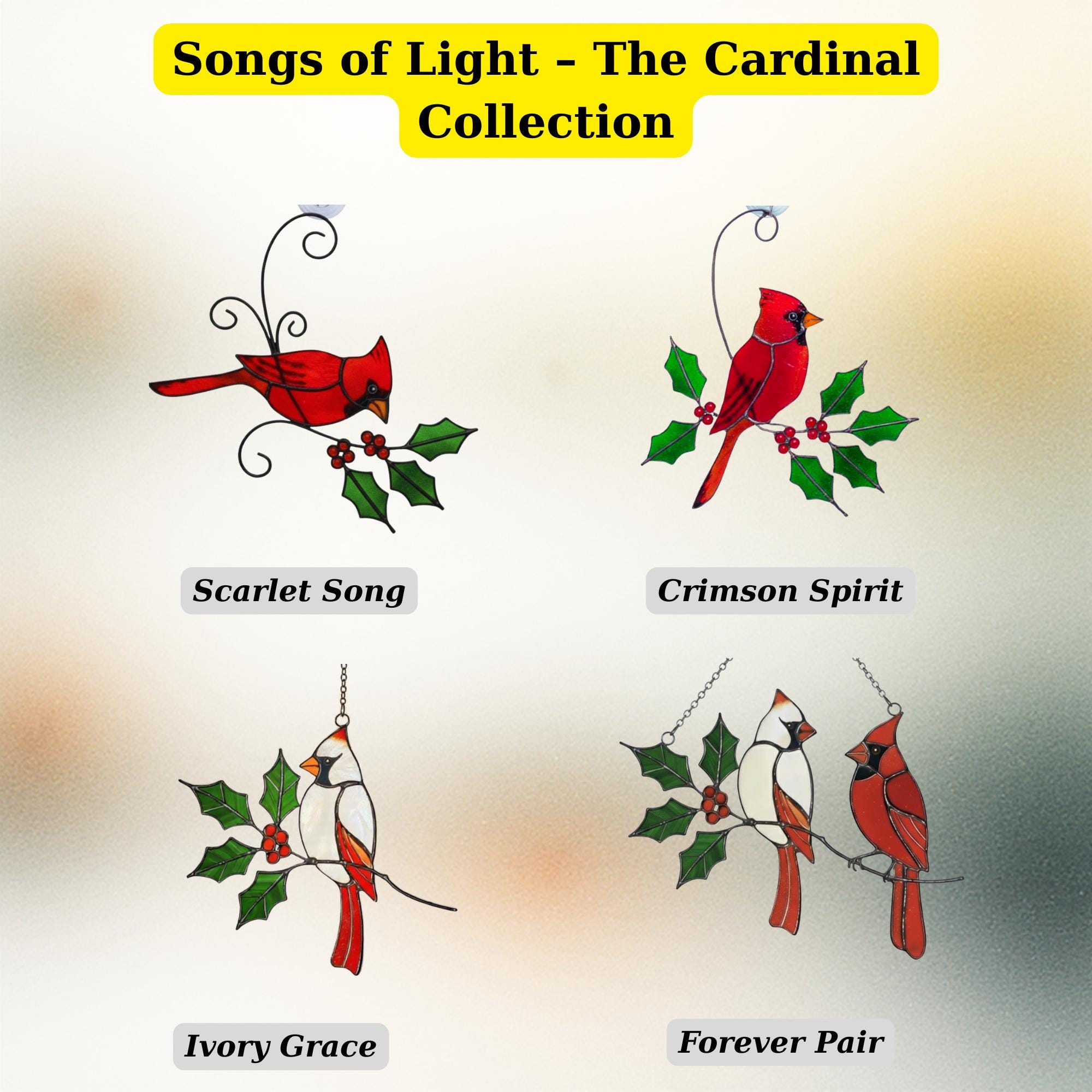 Stained glass bird collection, "Seasons of Song" (Robin, Finch, Cardinal, Eagle) and "Songs of Light" Cardinal series options.