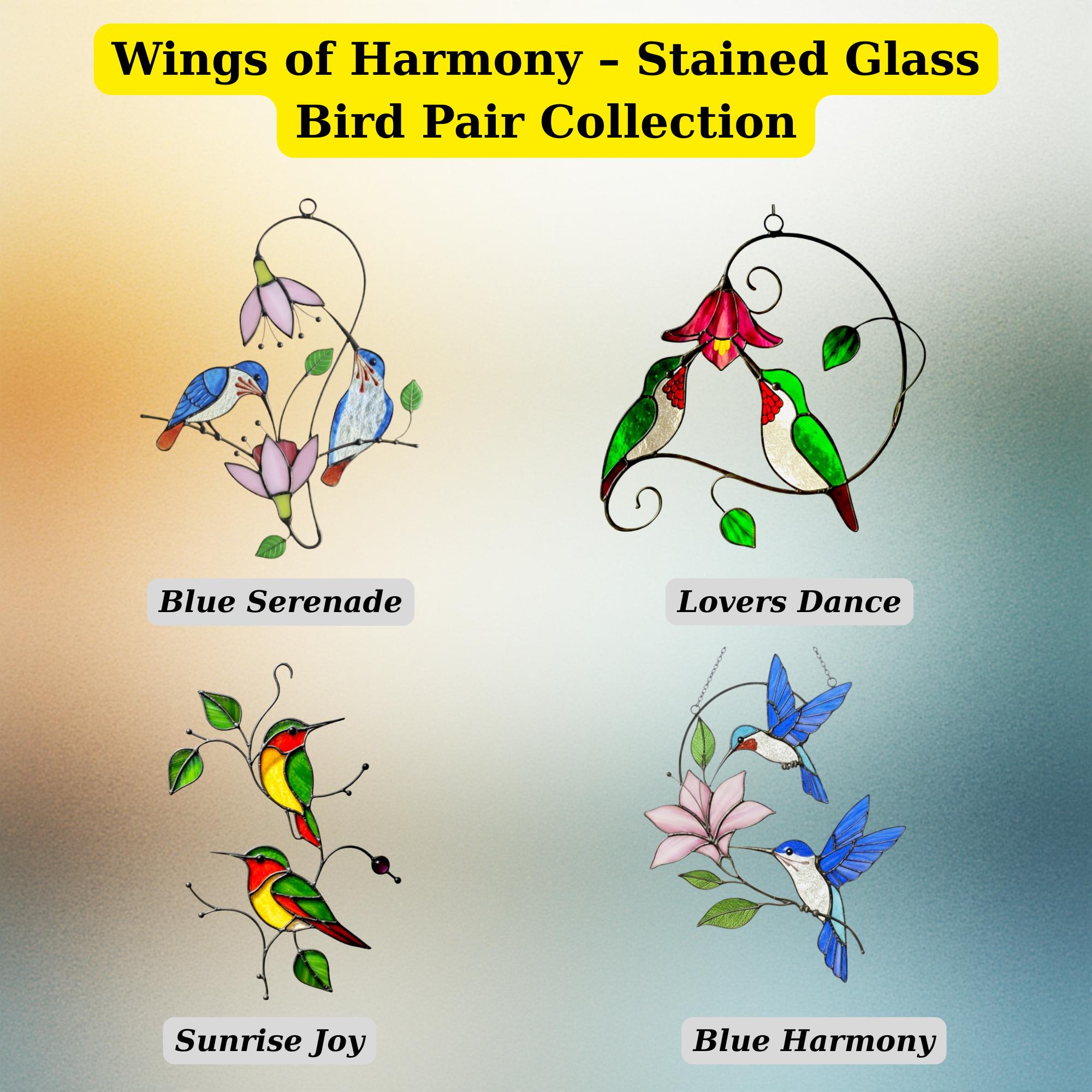 Stained glass bird pair collection, "Wings of Harmony" with Blue Serenade, Lovers Dance, Sunrise Joy, Blue Harmony designs options.
