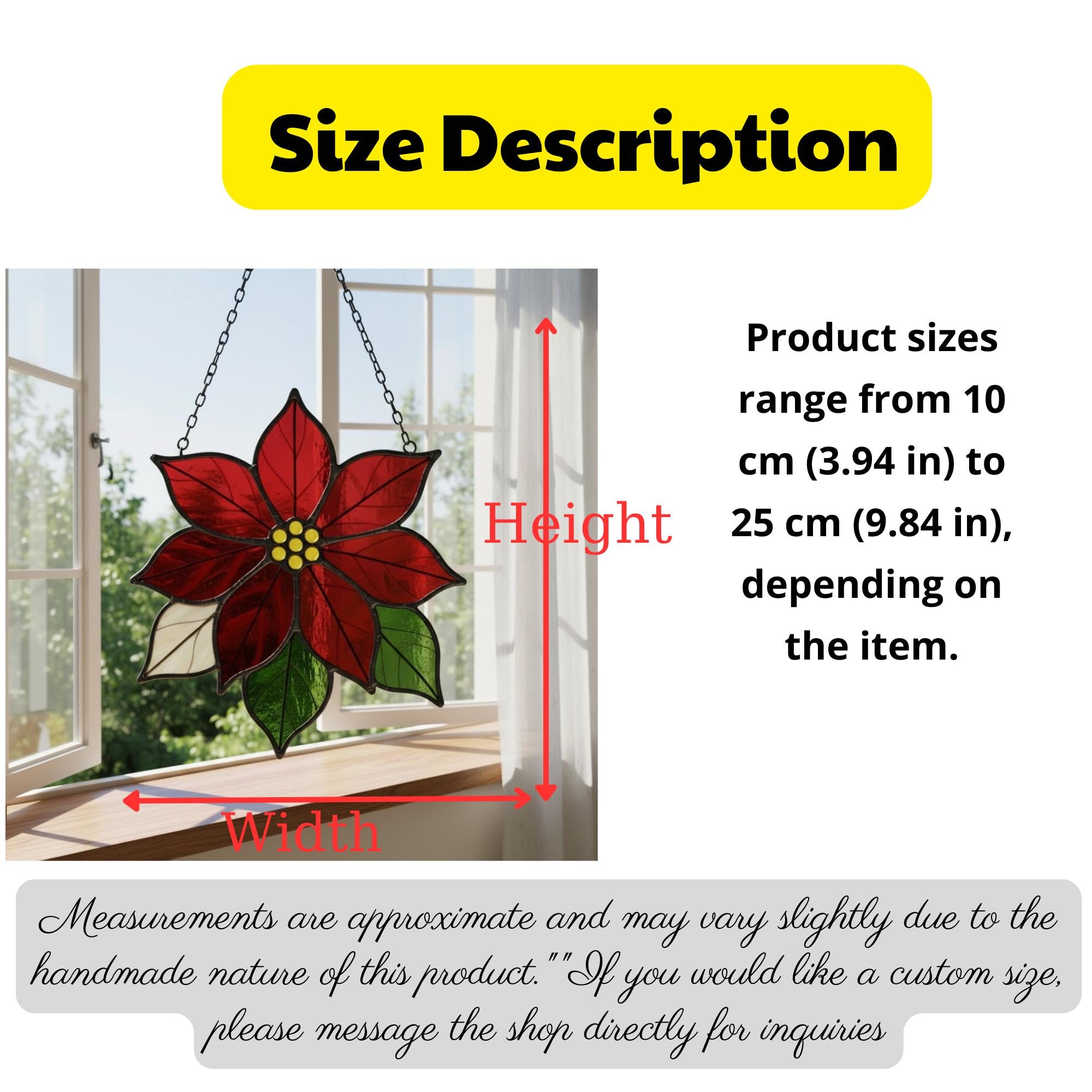 Product size guide for stained glass ornaments ranging from 10cm to 25cm.