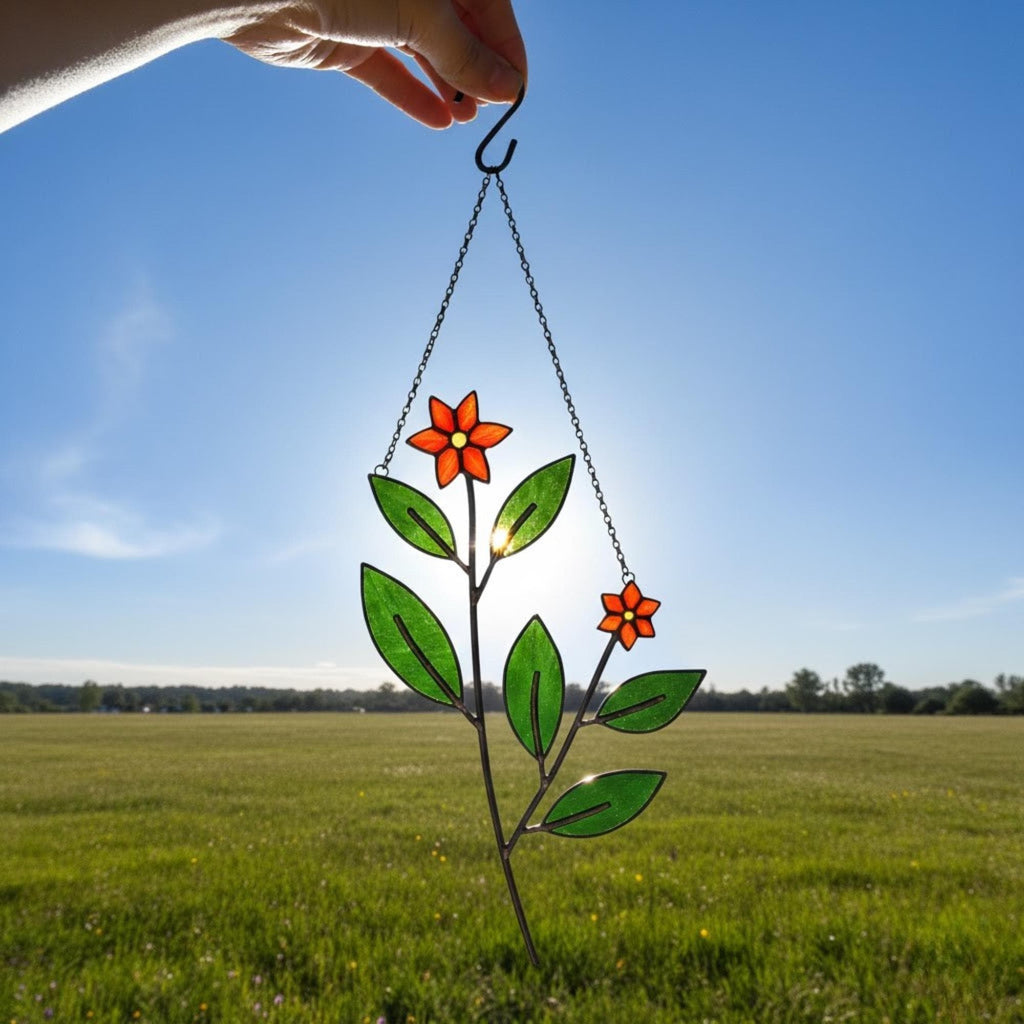 Hanging stained glass leaf ornament with sunlight casting beautiful reflections.
