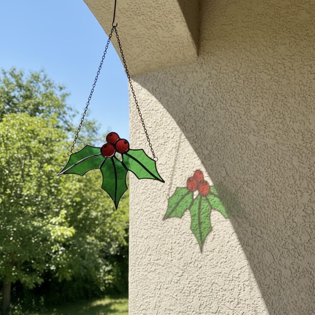 Handcrafted stained glass floral hanging art swaying gently in outdoor light.