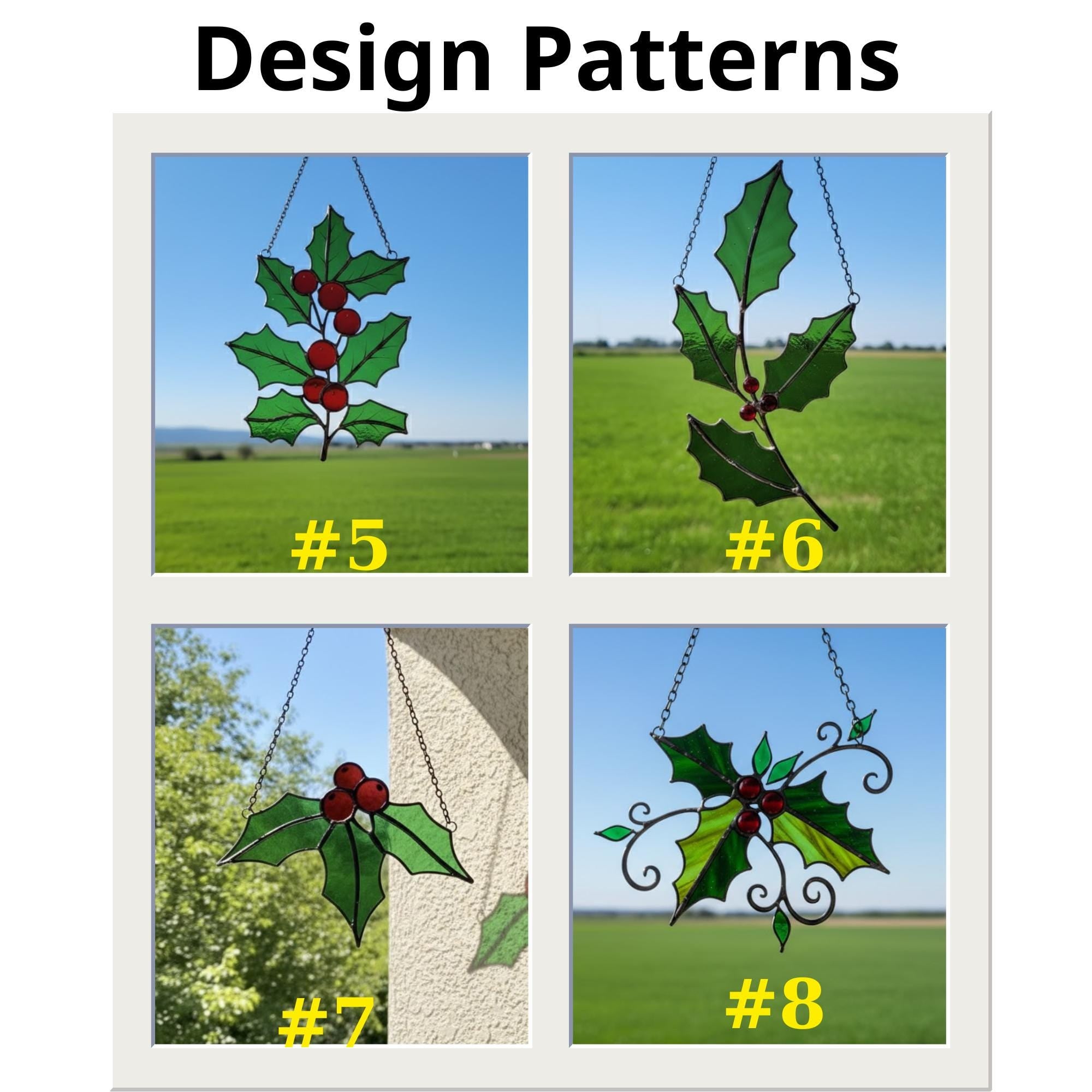 Variety of holly, flower, and mistletoe designs shown as handmade glass patterns.