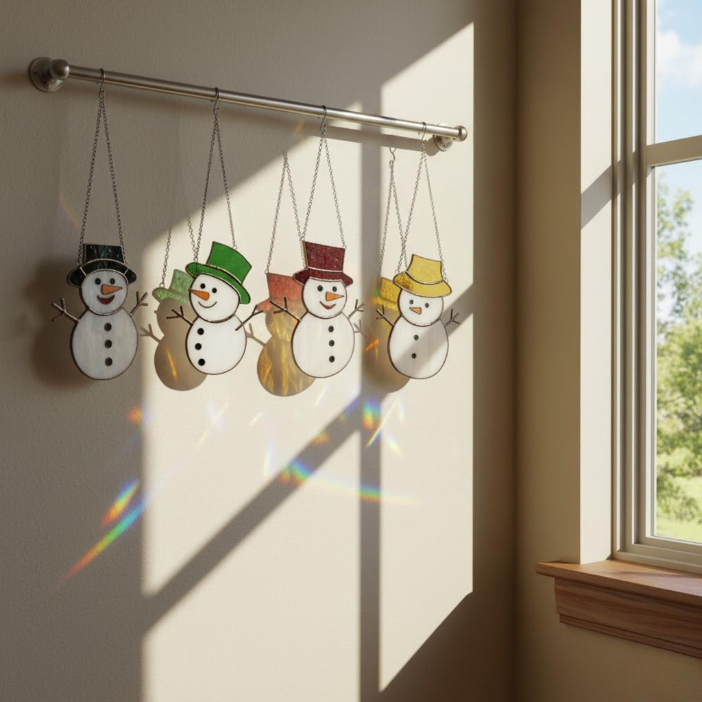 Set of four handmade snowmen suncatchers hanging near window in winter sunlight.