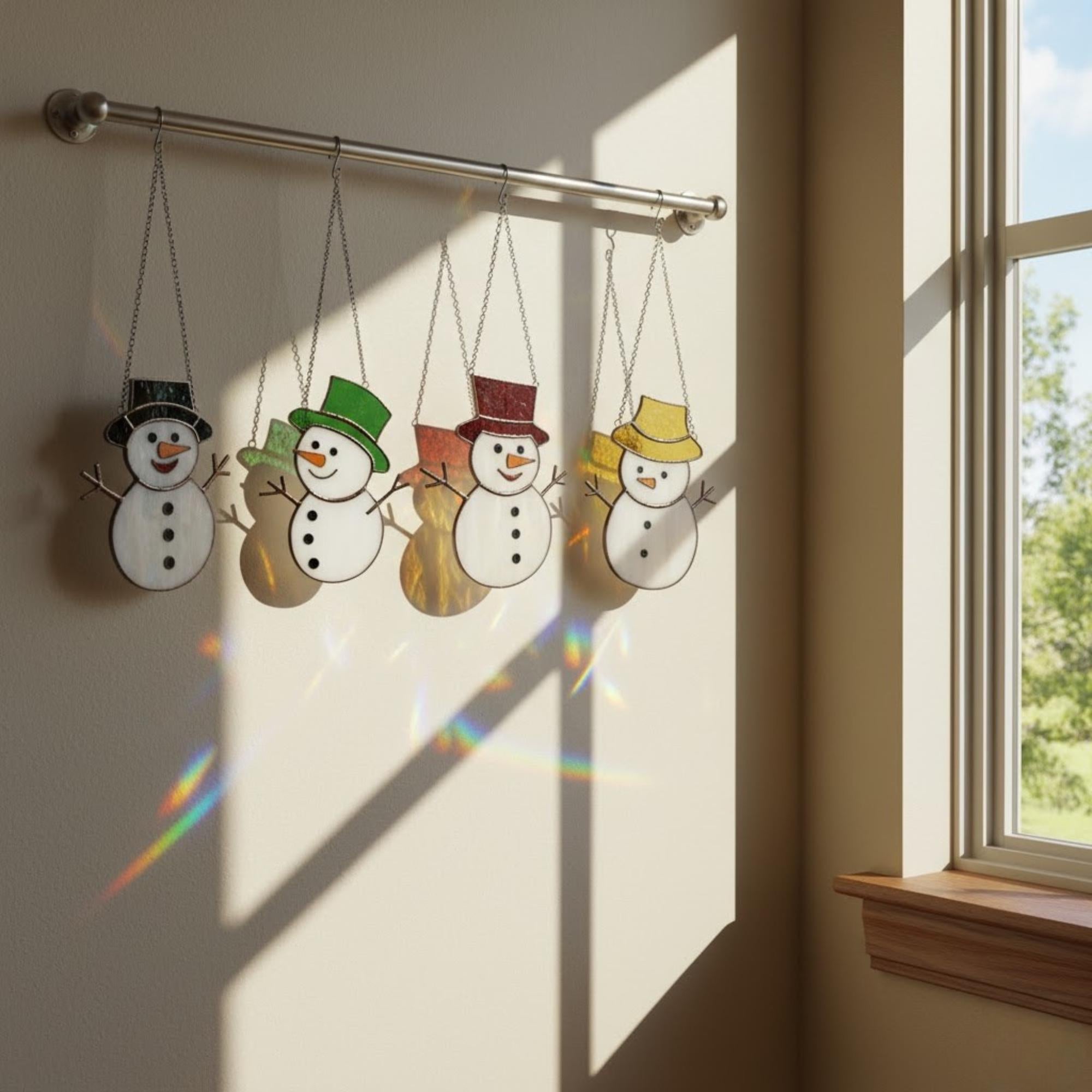Set of four handmade snowmen suncatchers hanging near window in winter sunlight.