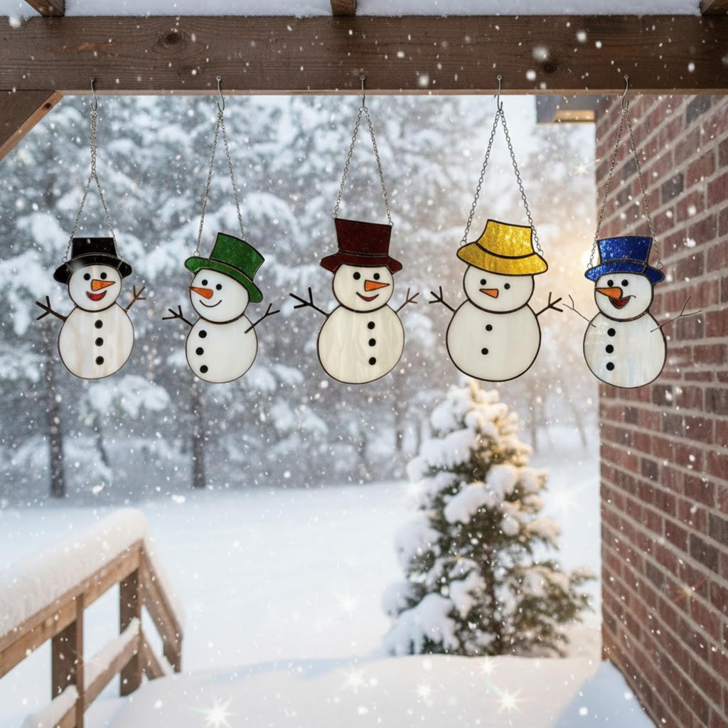 Stained glass snowmen hanging decor for Christmas home window decorations.