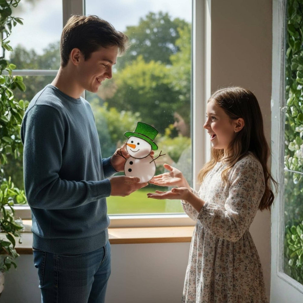 Snowman window suncatcher set with colorful hats creating cheerful reflections.
