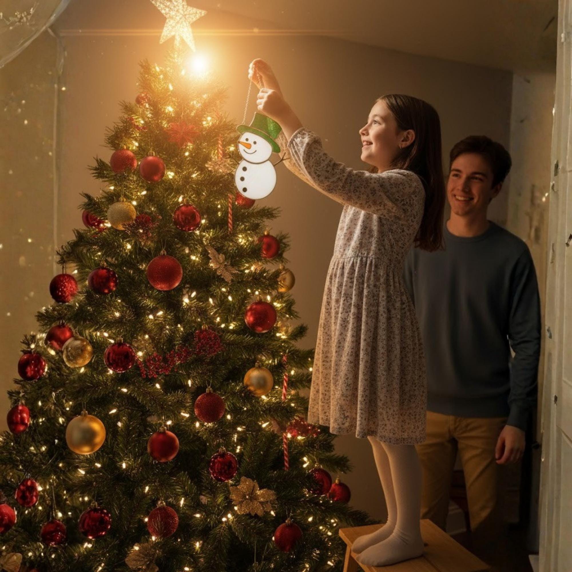 Couple exchanging handmade stained glass snowman ornament as a holiday gift.