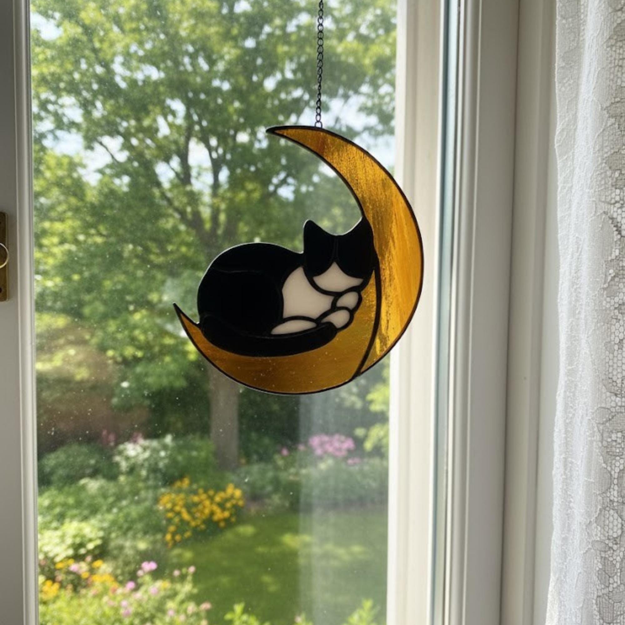 Golden moon stained glass cat ornament in front of white curtains and green garden view