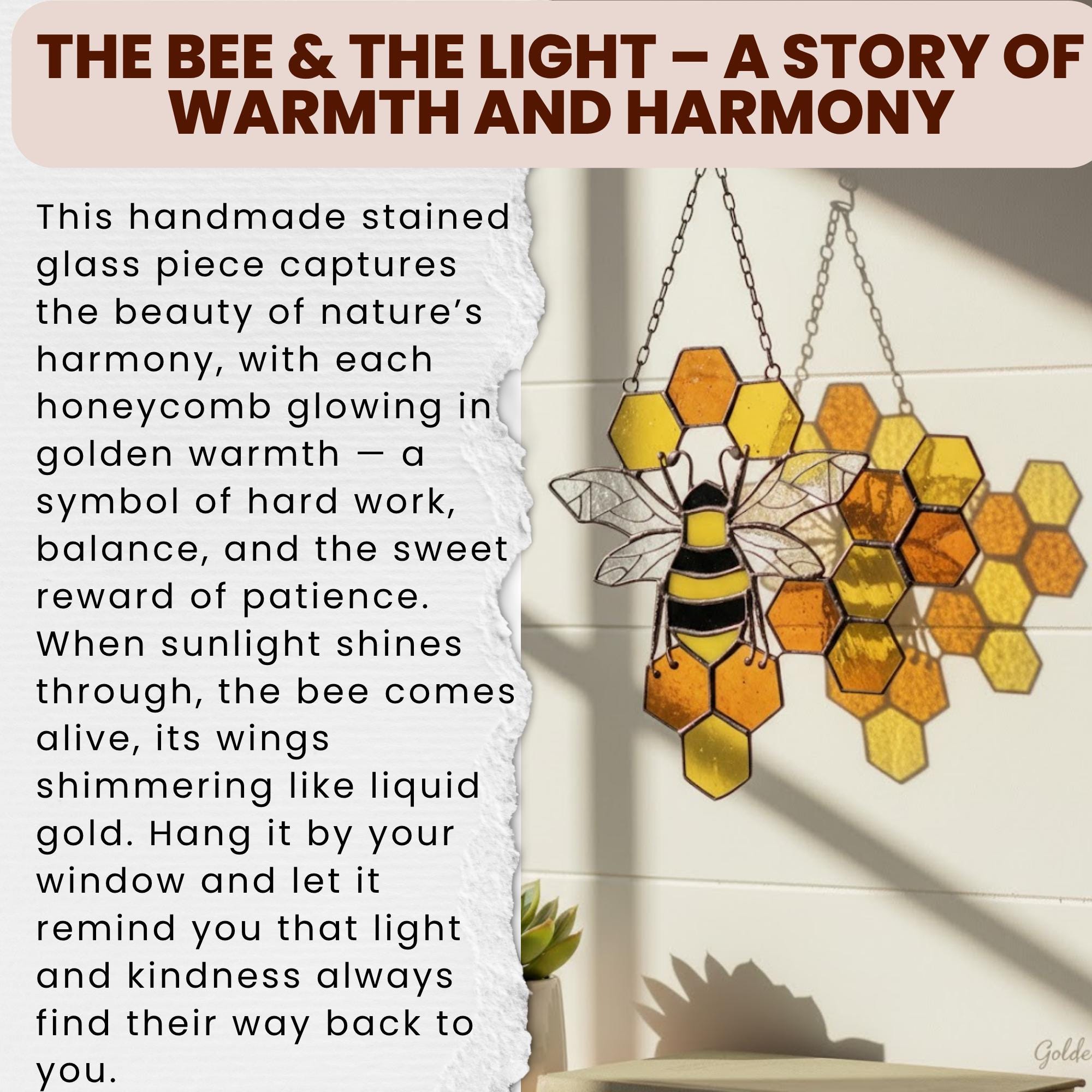 Bee & Honeycomb Stained Glass Suncatcher – Handmade Yellow Window Hanging Decor, Gift for Bee Lovers, Nature Inspired Glass Art Ornament