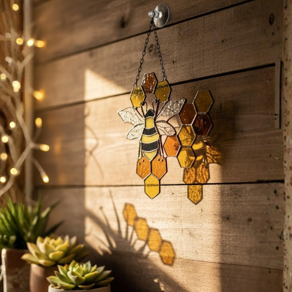 Bee & Honeycomb Stained Glass Suncatcher – Handmade Yellow Window Hanging Decor, Gift for Bee Lovers, Nature Inspired Glass Art Ornament