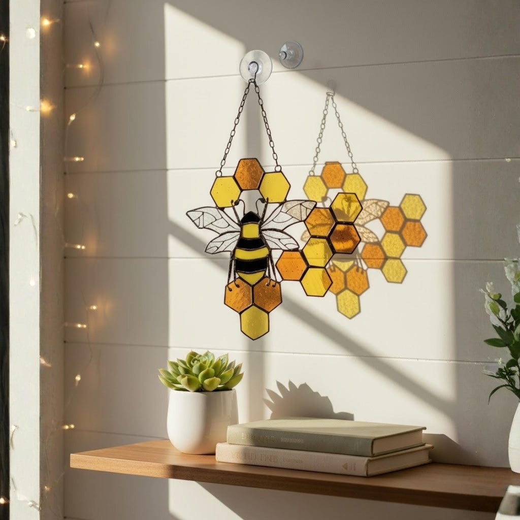 Bee & Honeycomb Stained Glass Suncatcher – Handmade Yellow Window Hanging Decor, Gift for Bee Lovers, Nature Inspired Glass Art Ornament
