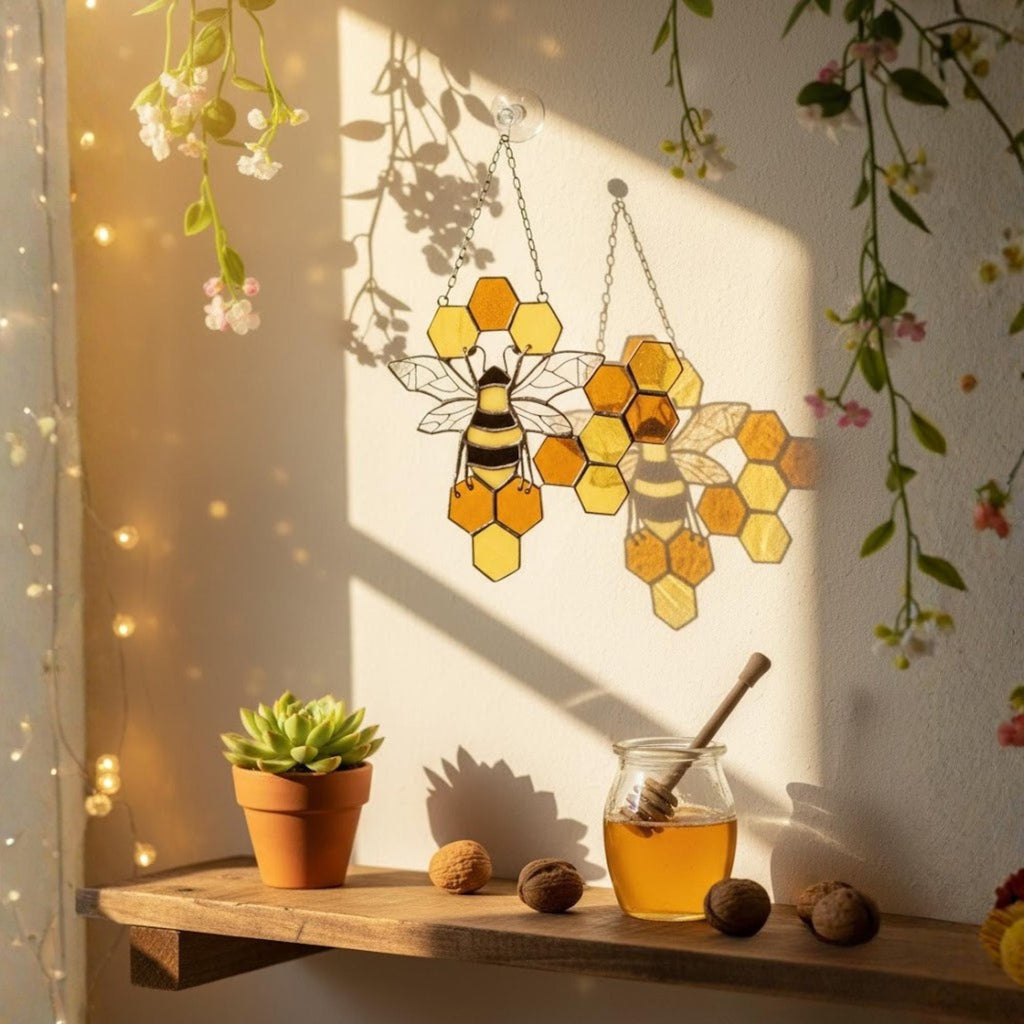 Bee & Honeycomb Stained Glass Suncatcher – Handmade Yellow Window Hanging Decor, Gift for Bee Lovers, Nature Inspired Glass Art Ornament
